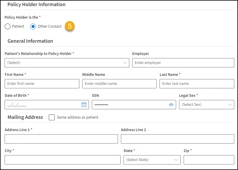 Policy Holder information with Other Contact checked with a yellow number 5 indicating for step 5.